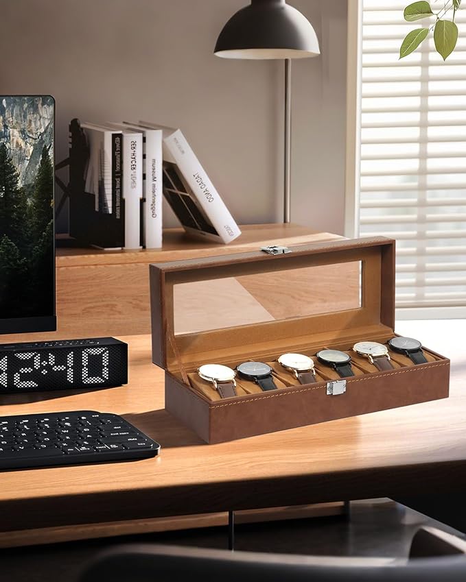 Uten 6 Slots Watch Box, PU Leather Watch Case with Glass Lid, Watch Holder Organizer with Soft Pillow and Velvet Lining, Watch and Jewelry Storage Box, Brown