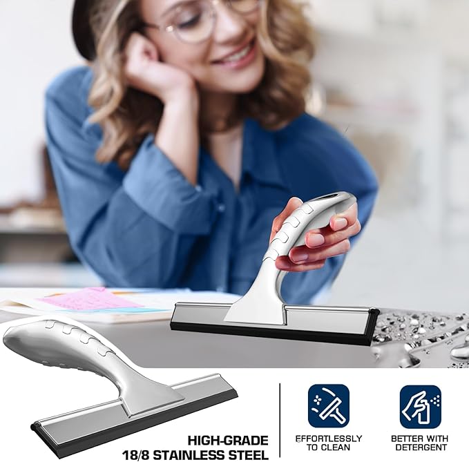 OVSGTTZ All-Purpose Stainless Steel Shower Squeegee for Glass Doors with 2 Adhesive Hooks, Squeegee for Bathroom Cleaner Tool Household Window Mirror Squeegee, Cleaning Tile Wall, Car, 10 Inch Silver