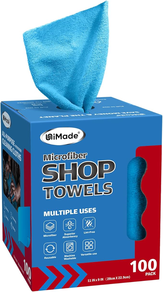 UNIMADE Shop Towels, 100 Sheets Microfiber Cleaning Cloth Commercial Grade Washcloths Lint-Free Bulk Shops Rags for Cars Mechanic Restaurant Garage Housekeeping, 11"x 9", Blue