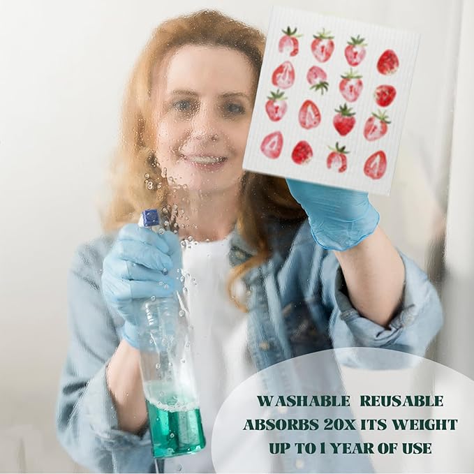 LARTSFRO Strawberries Swedish Dishcloths for Kitchen, Pink Swedish Dish Cloths for Friut, Papaya Reusable Paper Towels, 4 Pack Cleaning Cloth for Kitchen, Reusable Paper Towels Washable