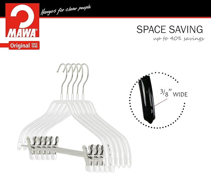 Mawa by Reston Lloyd Silhouette Series Non Slip Space Saving Hanger with Pant Clips, Style 40/FK,Set of 5, White