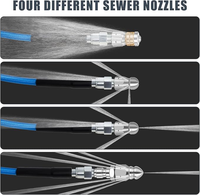 200 FT Sewer Jetter Kit for Pressure Washer, 5800PSI Water Jet Drain Cleaner Hose, 1/4 Inch NPT Corner with 4 Sewer Jetting Nozzles, Pearl Corsage Pin, Waterproof Tape, Handle Strap&2 Spanner (Blue)