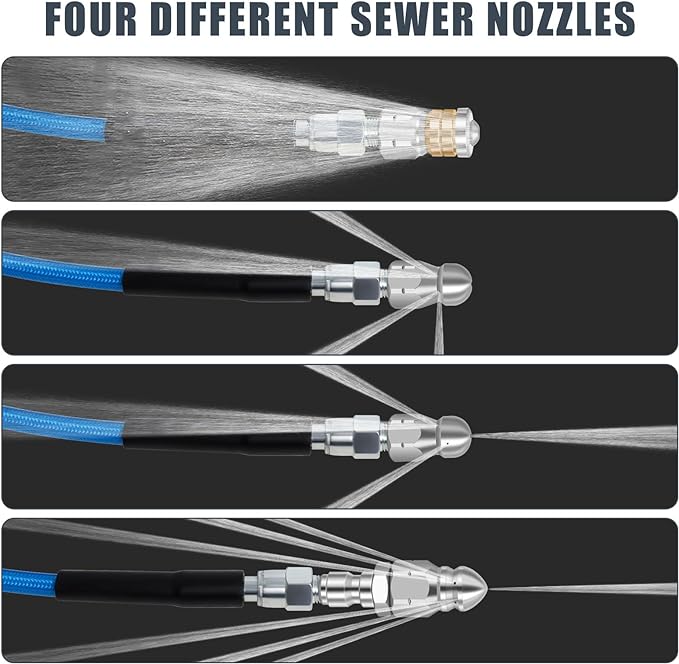 100 FT Sewer Jetter Kit for Pressure Washer, 5800PSI Water Jet Drain Cleaner Hose, 1/4 Inch NPT Corner with 4 Sewer Jetting Nozzles, Pearl Corsage Pin, Waterproof Tape, Handle Strap&2 Spanner (Blue)