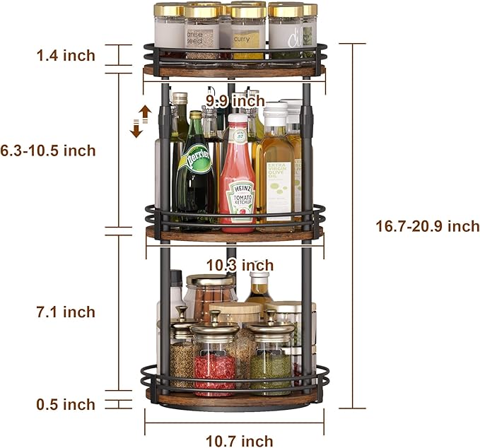 Across-Star Lazy-Susan-Organizer-Spice-Rack, 3-Tier Adjustable Rotating Spice Organizer For Kitchen-Cabinet-Countertop-Pantry, Turntable Seasoning Holder Storage Shelf