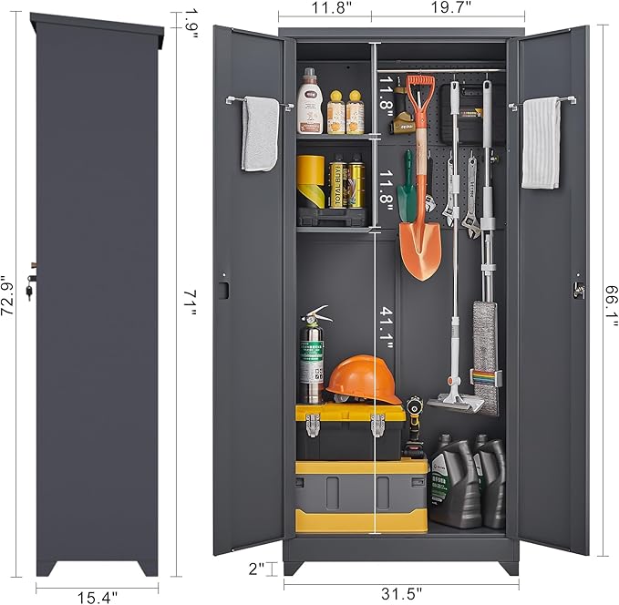 73''H Outdoor Storage Cabinet, Metal Garage Storage Cabinets with Doors and Shelves, Outdoor Broom Storage Cabinets, Waterproof Tool Shed for Patio Garden Backyard, Gray（15.4" D x 31.5" W ）
