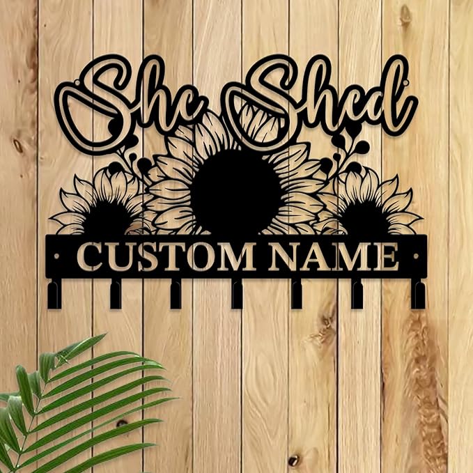 Personalized She Shed Metal Keys Hooks,Custom Name Metal She Shed Keys Hooks,Black Metal She Shed Wall Home Storage Decorative Keys Hooks,Key Holder Hooks for Wall (Style A)