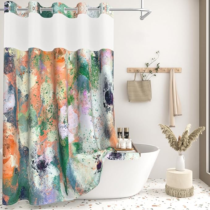 Abstract Colorful Shower Curtain with Liner, Watercolor Modern Aesthetic Bathroom Curtains, Hotel Style Double Layers No Hook Shower Curtain, Washable Waterproof Fabric, Green Yellow 71x74 inch