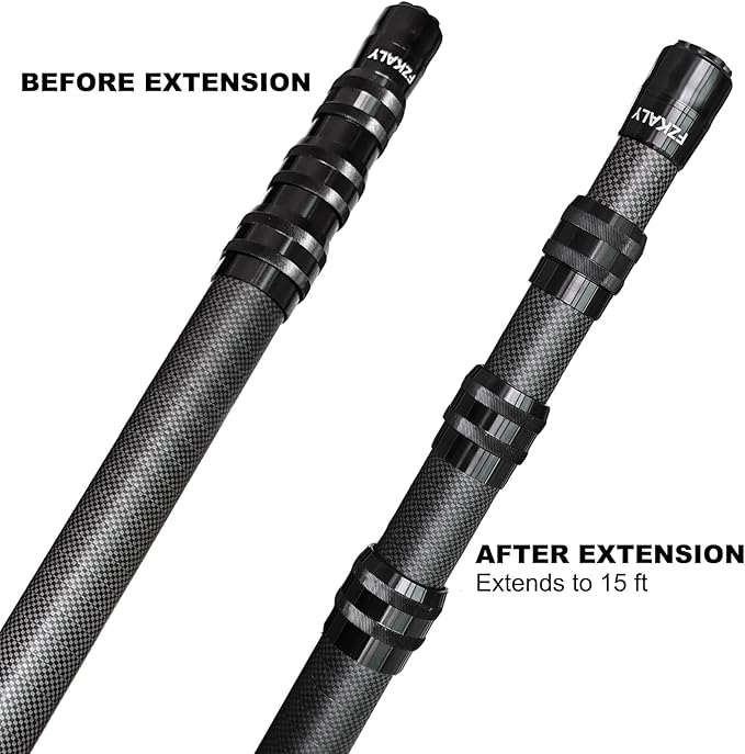 Carbon Fiber Pool Pole, Professional 15 FT Telescoping Swimming Pool Cleaning Pole 4.6 to 15 FT, Ultra-Lightweight 4-Section Adjustable Skimmer Pole for Nets, Brushes, Vacuums – Rustproof