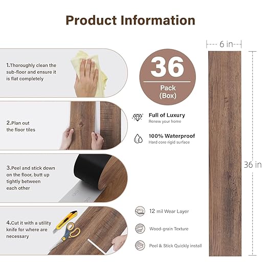 Peel and Stick Floor Tile, INMOZATA 36-Pack 54 Sq.Ft Self Adhesive Vinyl Plank Flooring Wood Grain Look 36x6 Inch Waterproof Tile Sticker for Bedroom, Living Room, Kitchen, RV (Smoked Brown)
