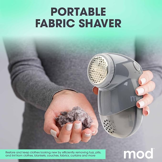 MOD 2 Pack Portable Fabric Shaver and Lint Remover, Reusable Pet Hair Remover, Roller for Clothes, Sweater Shaver, Couch, Blankets with Detachable Lint Collector Tank, Battery Operated, White/Gray