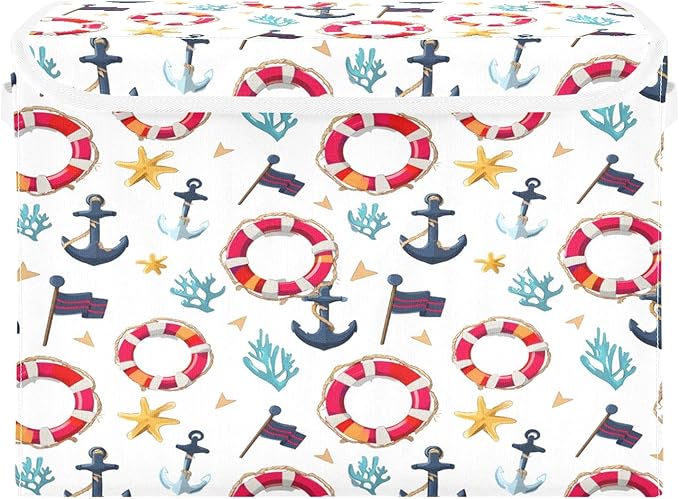 Bolaz Storage Bins with Lids and Handles,Flag Coral Starfish Anchor Life Buoy Pattern Storage Box Basket with Cover Collapsible Organizer Containers for Home Closet, Shelves