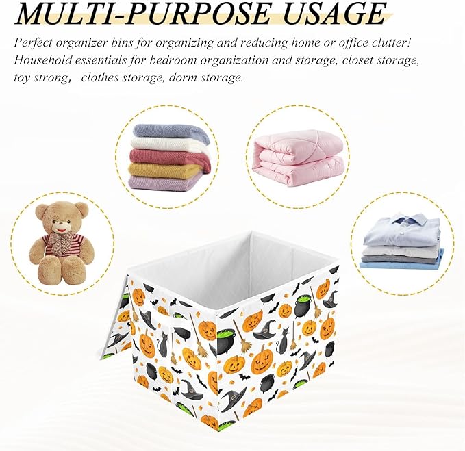 Halloween Storage Baskets Collapsible Storage Bins with Lids, Halloween Pumpkin Black Cat Ghost Bat Pattern Storage Boxes Clothes Baskets for Organizing