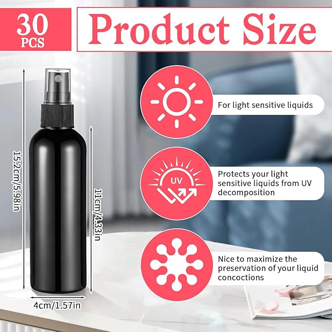 SHENLIU 30 Pack Black Empty Spray Bottles 4oz with Cap, Plastic Fine Mist Spraying Bottles Portable Small Refillable Sprayer Liquid Container for Perfume Cleaning Essential Oil