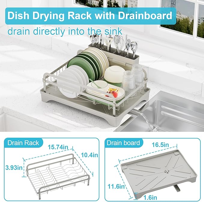 HOMEBOSILY Dish Drying Rack - Space-Saving Dish Rack,Dish Racks for Kitchen Counter with Drainboard,Rustproof Countertop Dish Drainer with Utensil Holder for Sink Grey