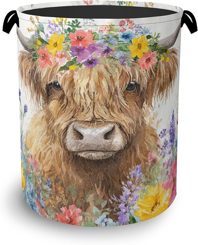 Hightland Cow Laundry Basket,Oxford Cloth Laundry Hamper with Handle Foldable Portable Clothes Storage Basket for Bathroom Bedroom Dorm Room 16" x 20.8"