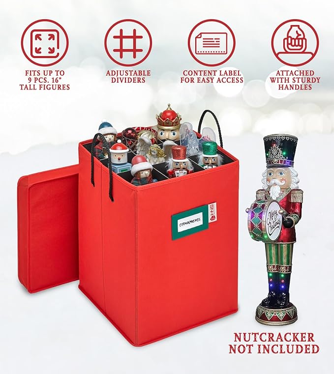 Christmas Nutcracker and Figurine Collectible Storage Box - Stores Up to 9-16" Tall Nutcrackers, Ornaments, and More - Holiday Decor Organizer with Adjustable Dividers - Nutcracker not Included