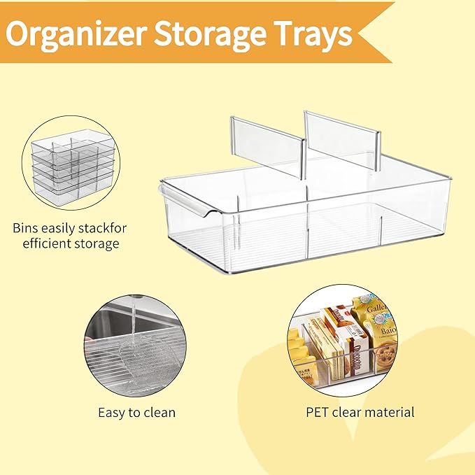 vacane Plastic Pantry Organization and Storage Bins with Removable Dividers, Pantry Organization Refrigerator Organizer Bins, Cabinet Organizers, 2 Pack 13.8" XL