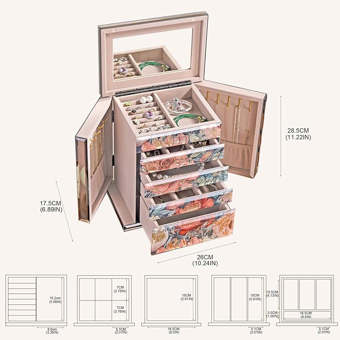 High End Glass Jewelry Box, 5 Layer Jewelry Organizer with 2-Sided Doors and Mirror, Velvet-Lined Organizer For Ring, Necklace, Earring, Bracelet Storage - Valentine's Day Gifts For Women