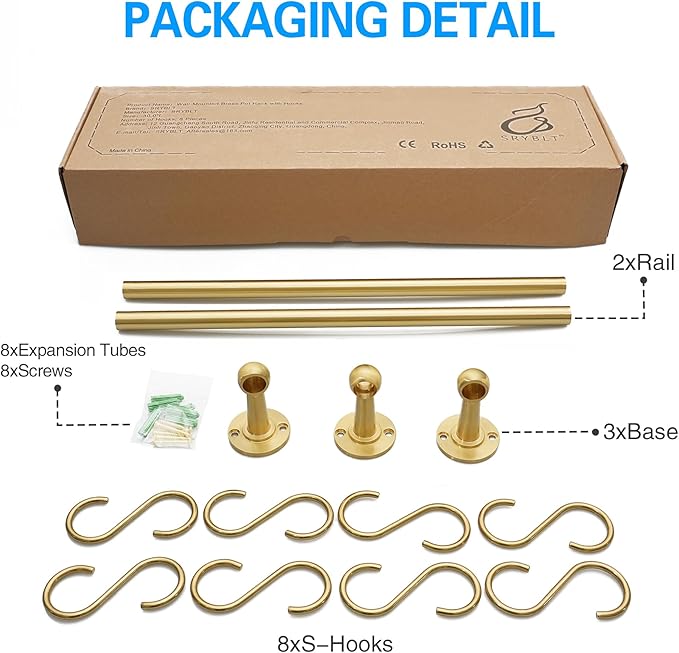 SRYBLT 31.0 Inch Brass Pot Rack with Hooks,Wall Kitchen Mounted Organizer,Segmented RailHanging Rack for Kitchen Wall Rail with Hooks
