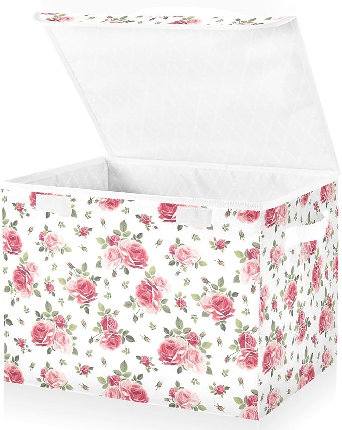 Collapsible Storage Bins with Lids, Pink Rose Flowers Floral Storage Boxes for Organizing