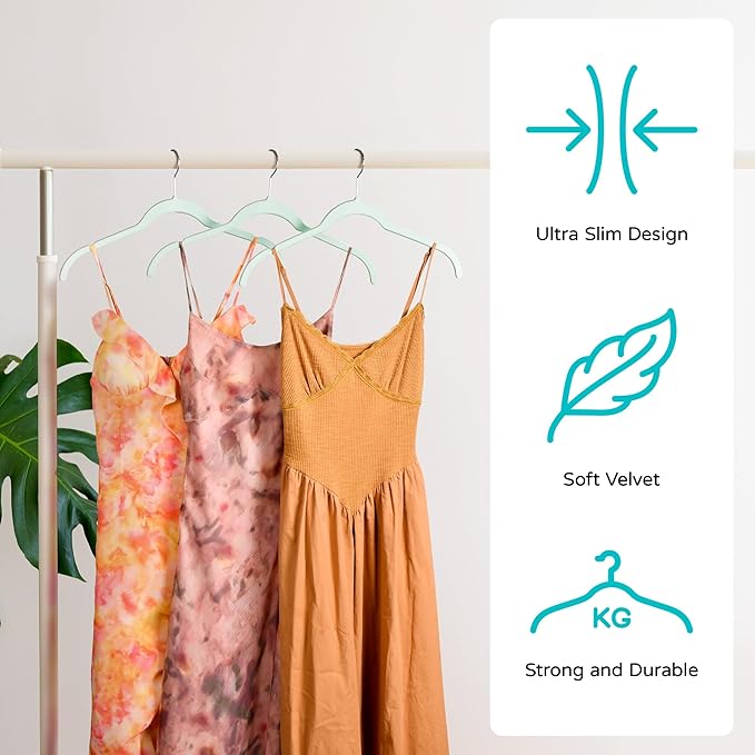 Sishynio Velvet Hangers 50 Pack – Slim Non-Slip Flocked Hangers with Notches, Space-Saving Closet Organizer for Dresses, Blouses, Coats(Green)
