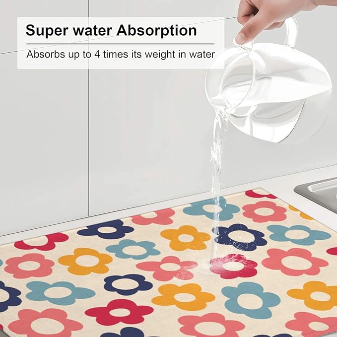 Colorful Daisy Flowers Dish Drying Mat,Boho Groovy Drying Rack Pad Countertop Dishes Ultra Absorbent Reversible Microfiber Kitchen Counter Mat for Coffee Countertop Decor 18x24 Inch