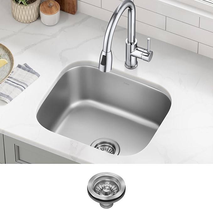 Kraus 19 3/4 Inch Stainless Steel Kitchen Sink, Durable 18 Gauge Single Bowl Kitchen Sinks Undermount, KBU11