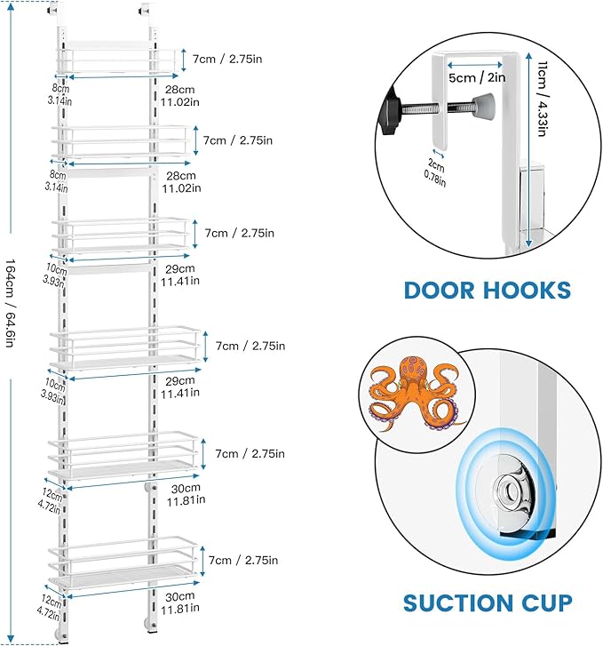 Purdaz Adjustable 6-Tier Over the Door Pantry Organizer, Spice Rack, Narrow Hanging Shelf for Kitchen Storage and Organization (White)