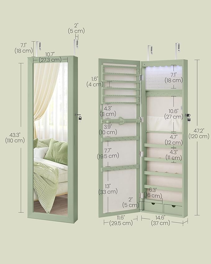 SONGMICS 6 LEDs Mirror Jewelry Cabinet, 47.2-Inch Tall Lockable Wall or Door Mounted Jewelry Armoire Organizer with Mirror, 2 Drawers, 3.9 x 14.6 x 47.2 Inches, Laurel Green UJJC093C01