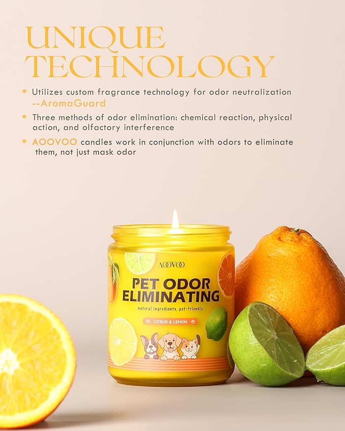 AOOVOO 2 Pack Citrus Lemon Pet Odor Eliminating Highly Fragranced Candle - Eliminates 95% of Pet, Smoke, Food, and Other Smells Quickly, Air Freshing Soy Candle