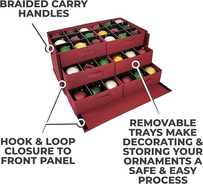 612 Vermont Christmas Ornament Storage Box with Adjustable Acid-Free Dividers, Holds 54 – 4 Inch Ornaments (SB-40042-VT)