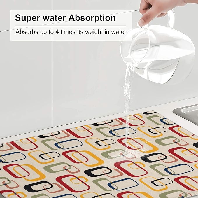 Mid Century Modern Retro Kitchen Drying Mat Vintage Decorative Microfiber Dish Drainer Mat for Kitchen Counter Absorbent Reusable Washable 18x24 Inch