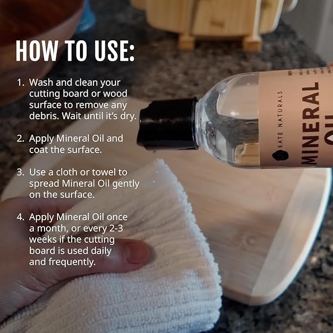 Kate Naturals Mineral Oil for Wood Cutting Board, Butcher Block, and Knife. Food Grade Mineral Oil for Wooden Cutting Board & Utensils (8oz, Food Safe)