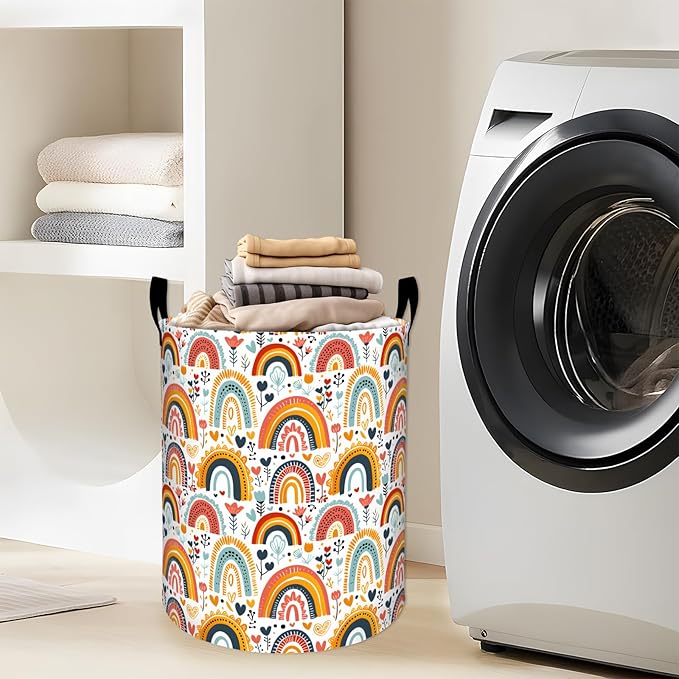 Colorful Rainbow with Floral and Heart Laundry Basket with Handles, 19.7"x15.7" Clothes Foldable Cartoon Laundry Hamper Organizer for Dorm Nursery Bedroom Bathroom Decor, Toy Storage Bin for Kids