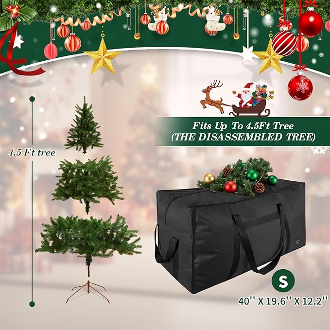 4.5 ft Christmas Tree Storage Bag, Heavy Duty Christmas Tree Bag with Reinforced Handles and Dual Zippers Wide Opening, Large Capacity fits for Artificial Christmas Tree (Black, 4.5 ft)