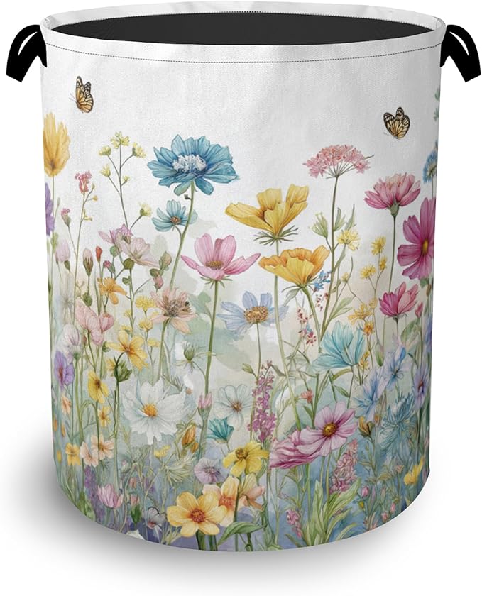 Wildflowers Laundry Basket,Garden Botanical Butterfly Oxford Cloth Laundry Hamper with Handle Foldable Portable Clothes Storage Basket for Bathroom Bedroom Dorm Room 16" x 20.8"