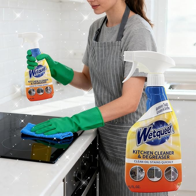 WETQUEEN All Purpose Cleaner Spray, Heavy Duty Kitchen Degreaser Foam & Stubborn Stain Remover for Kitchen, Household, Oven, Stove, Range Hood, Tiles, Dual-Spray Nozzle, Lemon Scent, 16.91 Fl Oz