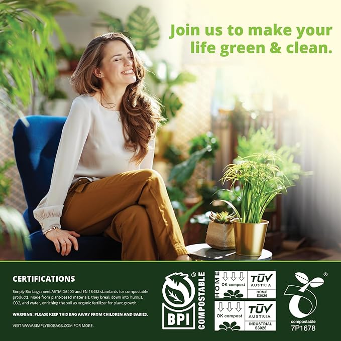 Simply Bio 60-65 Gallon Compostable Trash Bags Liners Flat-Top, Heavy Duty Extra Thick 2 Mil, 242.27 Liter, 12 Bags, Lawn, Yard, and Restaurant Use, ASTM D6400, US BPI, OK Compost Home Certified