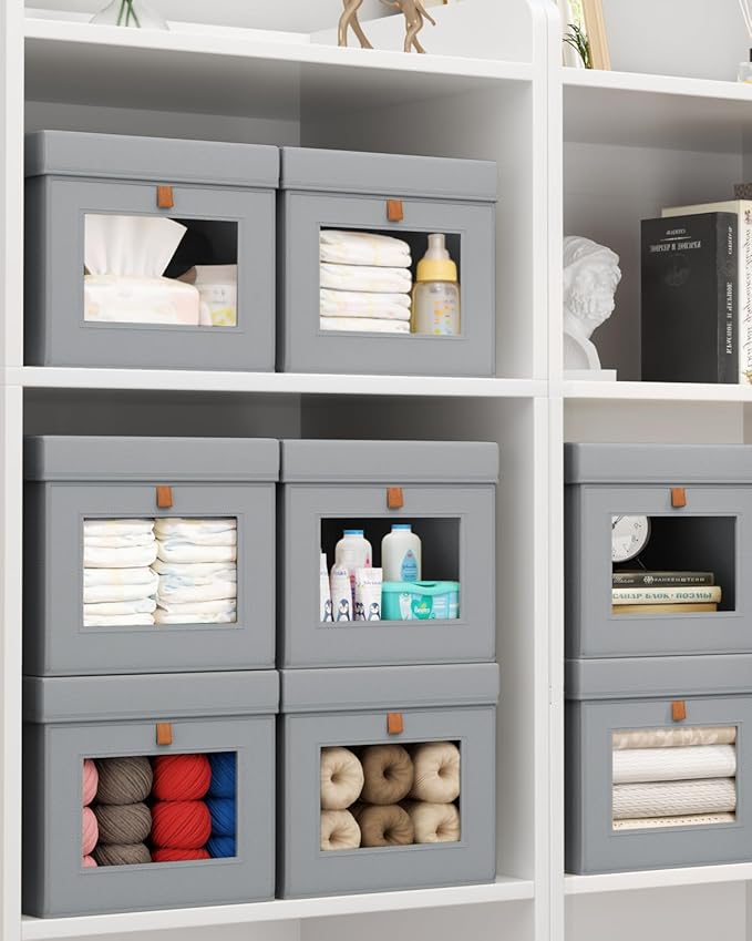 Storage Bins with Lid – Closet Organizer with Side Opening and Clear Window, Foldable Stackable Fabric Basket for Clothes, Home, Office - 13.77" x 11.8" x 9.8", 6 Pack, Grey