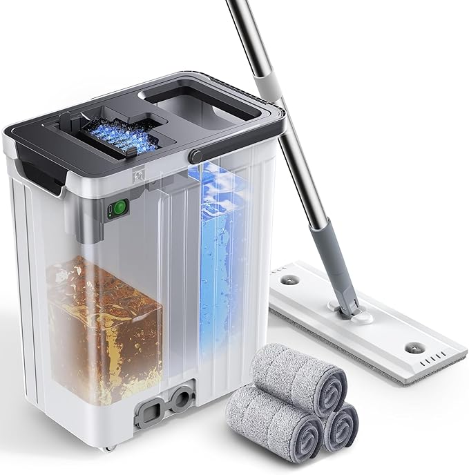 ADICOM Mop and Bucket Set | Auto-Spray Cleaning | Dirty Water Separation Keep Water Fresh | Flat Mop & Bucket with Scraper | 3X Washable Pads | Mops for Floor Cleaning All Floors Tile Wall Window