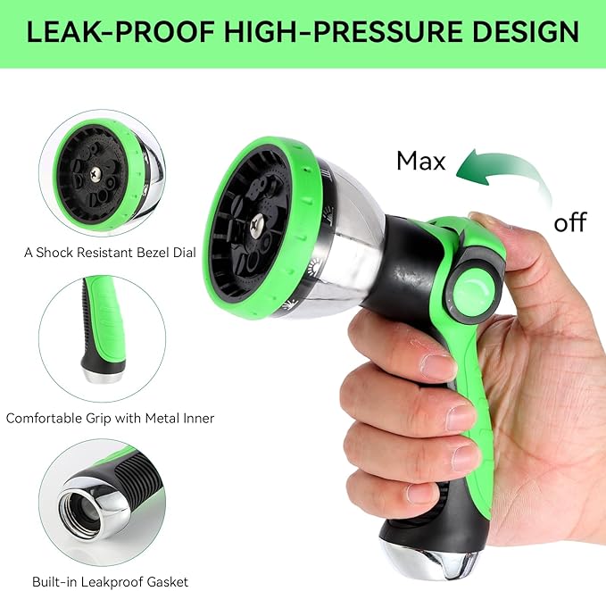 AnyEasy Garden Water Hose Nozzle Metal Heavy Duty Sprayer Thumb Control with 10 Spray Modes Suitable for Watering Plants, Iawn and Garden, Car Washing, Cleaning, Showering Pets and Outdoor Fun, Green