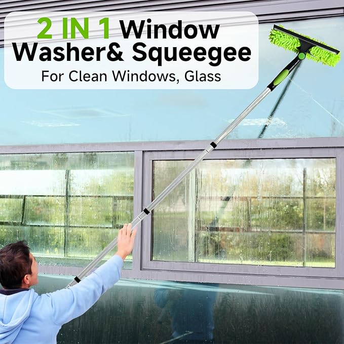 LILISPAI 67'' Window Squeegee Cleaner Tool with Extension Pole, 2-in-1 Squeegee for Window Cleaning Kit with Scrubber and Rotating Head, 2 Blade 2 Scrubber for Indoor & Outdoor High Windows