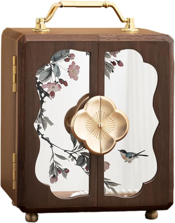 Black Walnut Jewelry Organizer, Wooden Jewelry Box with Gold Handle & Mirrored Flowers, 4 Layers of Storage | Perfect for Anniversaries, Birthdays, Weddings (Brown, 6.29"D x 5.9"W x 7.08"H)