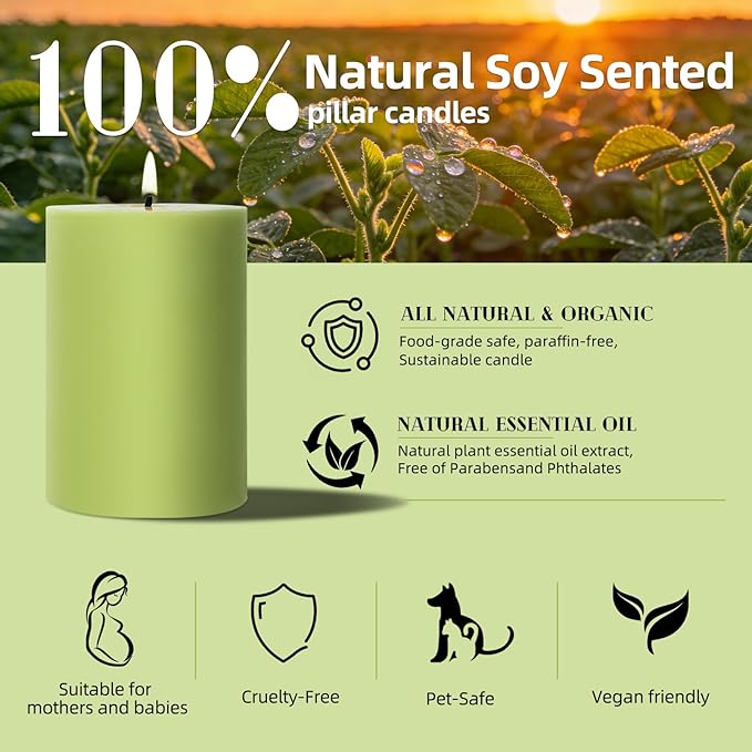 4 Pack Sage & White Tea Scented Pillar Candles,Natural Soy Wax Pillar Candles-2.8x4In,60H Long Lasting Burning Fragrance Candles for Home,Spa,Stress Relief & Wedding,Dinner Table(Sage Green)