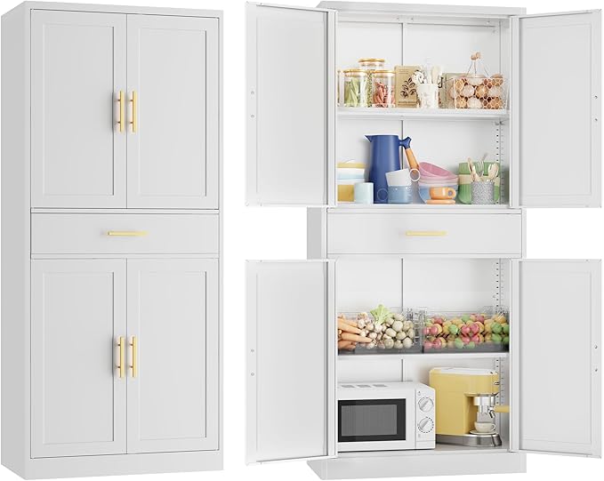 CJF White Kitchen Pantry Cabinet,71 Inch Tall Metal Storage Cabinet with Adjustable Shelves and 1 Drawer, Freestanding Pantry Cabinet for Kitchen, Living Room, Dining Room, Bathroom, Easy to Assemble