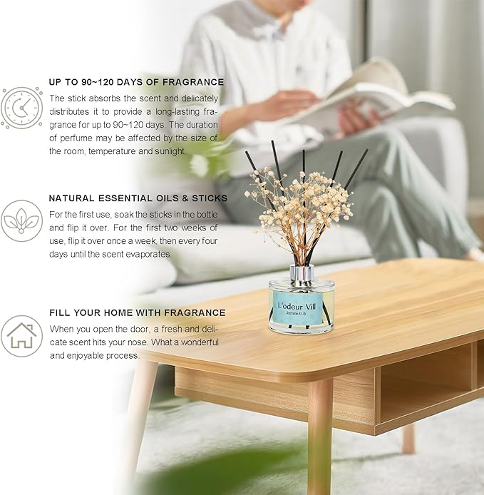 L'odeur Vill Reed Diffuser Set, 6.7 oz(200ml) Jasmine & Lily Scented Diffuser with 6 Oil Diffuser Sticks, Home Fragrance Essential Oil Reed Diffuser for Home Large Rooms Bathroom Shelf Decor