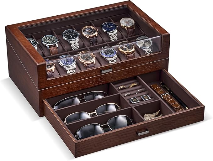 ProCase Wooden Watch Box for Men, Wood Watch Display Case Men's Jewelry Organizer Box with Drawer -12 Slot, Walnut