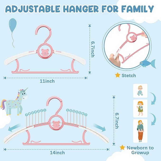 30 Pack Kids Hangers for Nursery Closet, Adjustable Non-Slip Toddler Baby Hangers with Windproof Buckle, 11-14" Infant Child Plastic Clothes Pant Hanger for Boys Girls Newborn Adult, Pink