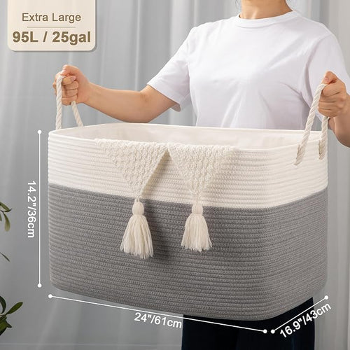 95L Extra Large Blanket Basket with Lid, 24" x 16.9" x 14.2" Woven Storage Basket for Living Room, Rectangle Nursery Blanket Storage for Toys, Towels, Dirty Clothes, Grey & White