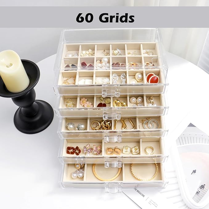 Jewelry Organizer with 5 Drawers Clear Acrylic Earring Display Case Velvet Jewelry Storage Box Display Holder for Earring Ring Bracelet Necklace (Beige, 60 Grids)